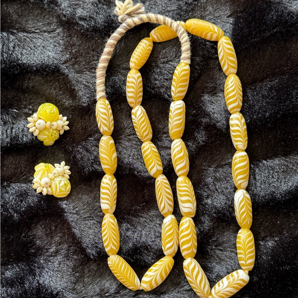 Elegant Yellow Beaded Necklace and Earring Set